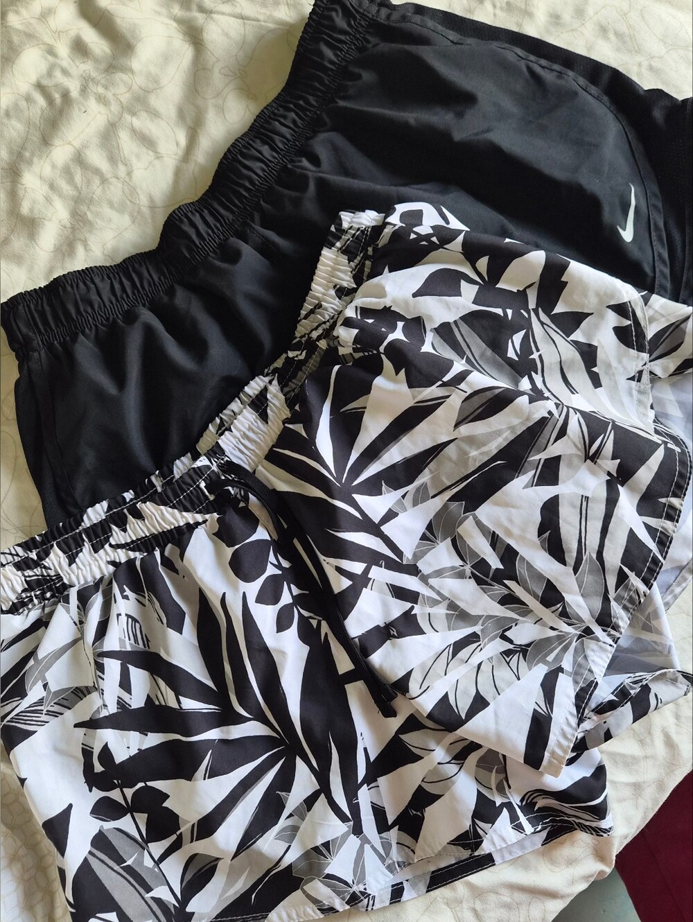 Nike Black Running Shorts W/ Champion Black & White Leaf Print - Mediums - 2pk